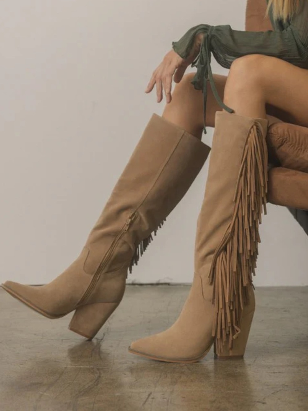Fringe Tall Suede Boots in Taupe - Women